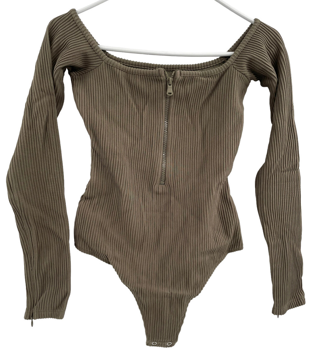 Good American Half Zip Ribbed Bodysuit Sea Turtle Green Size 2 Medium